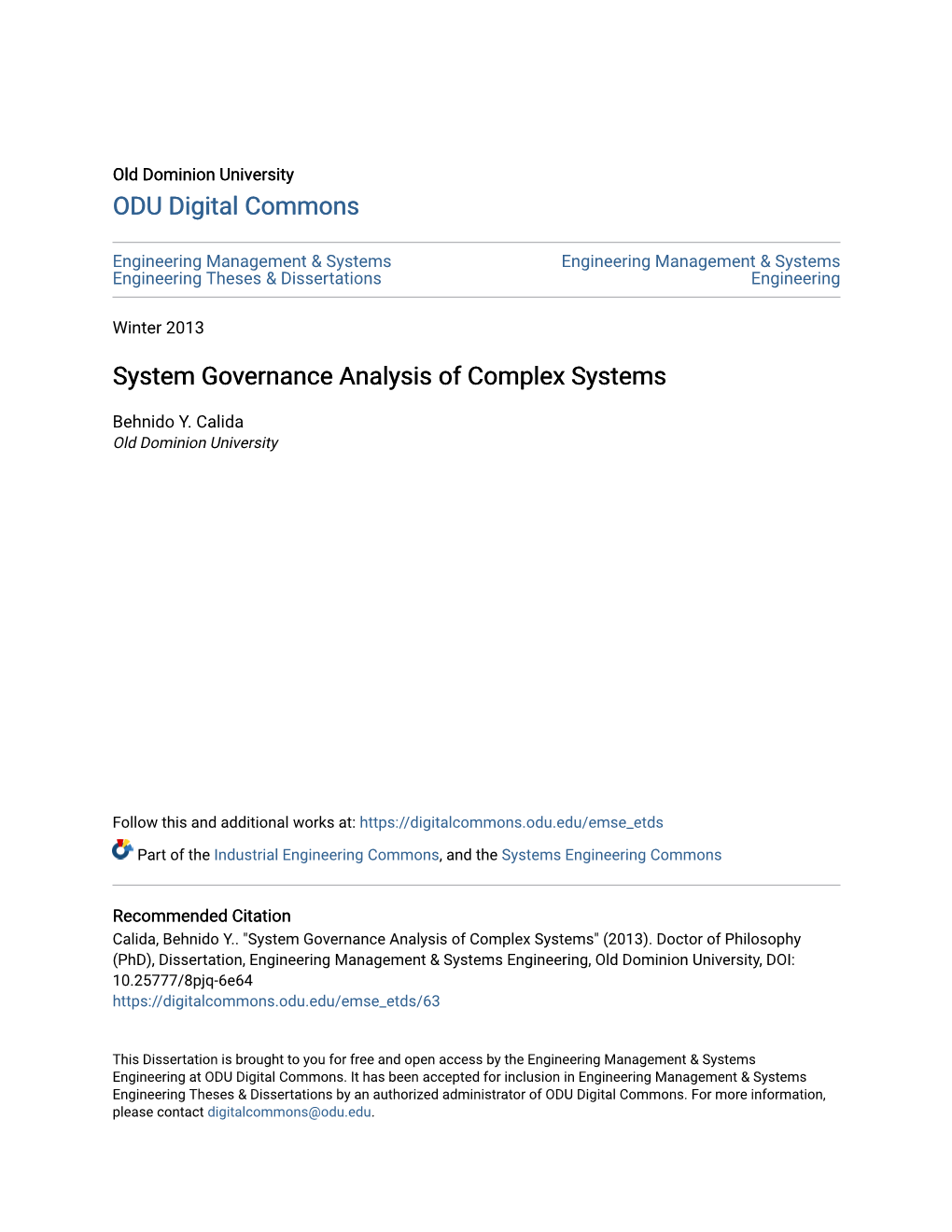 System Governance Analysis of Complex Systems