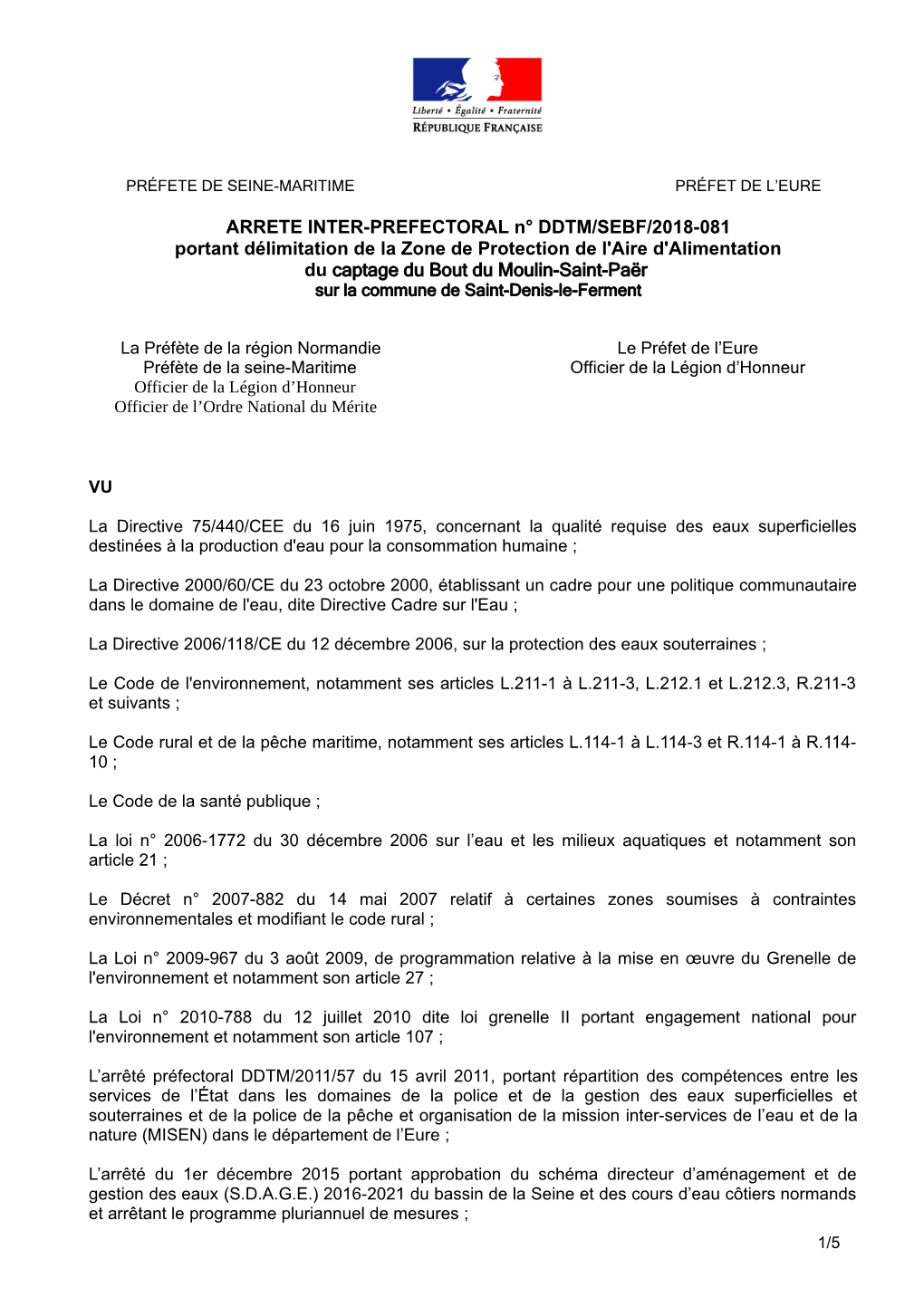 ARRETE INTER-PREFECTORAL N° DDTM/SEBF/2018-081 Portant