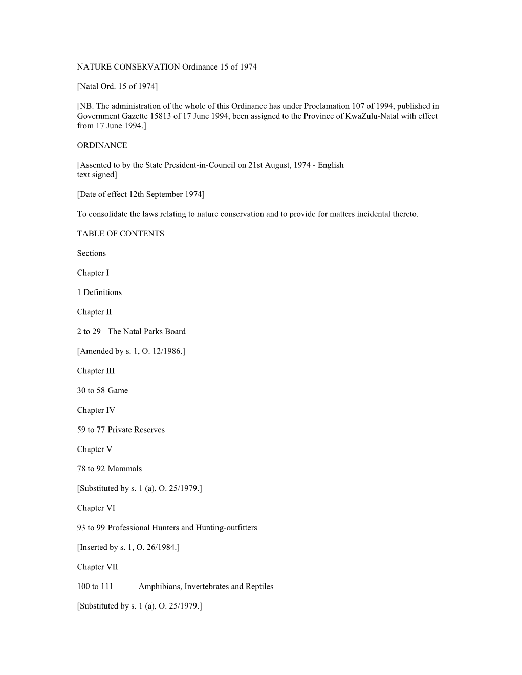 NATURE CONSERVATION Ordinance 15 of 1974