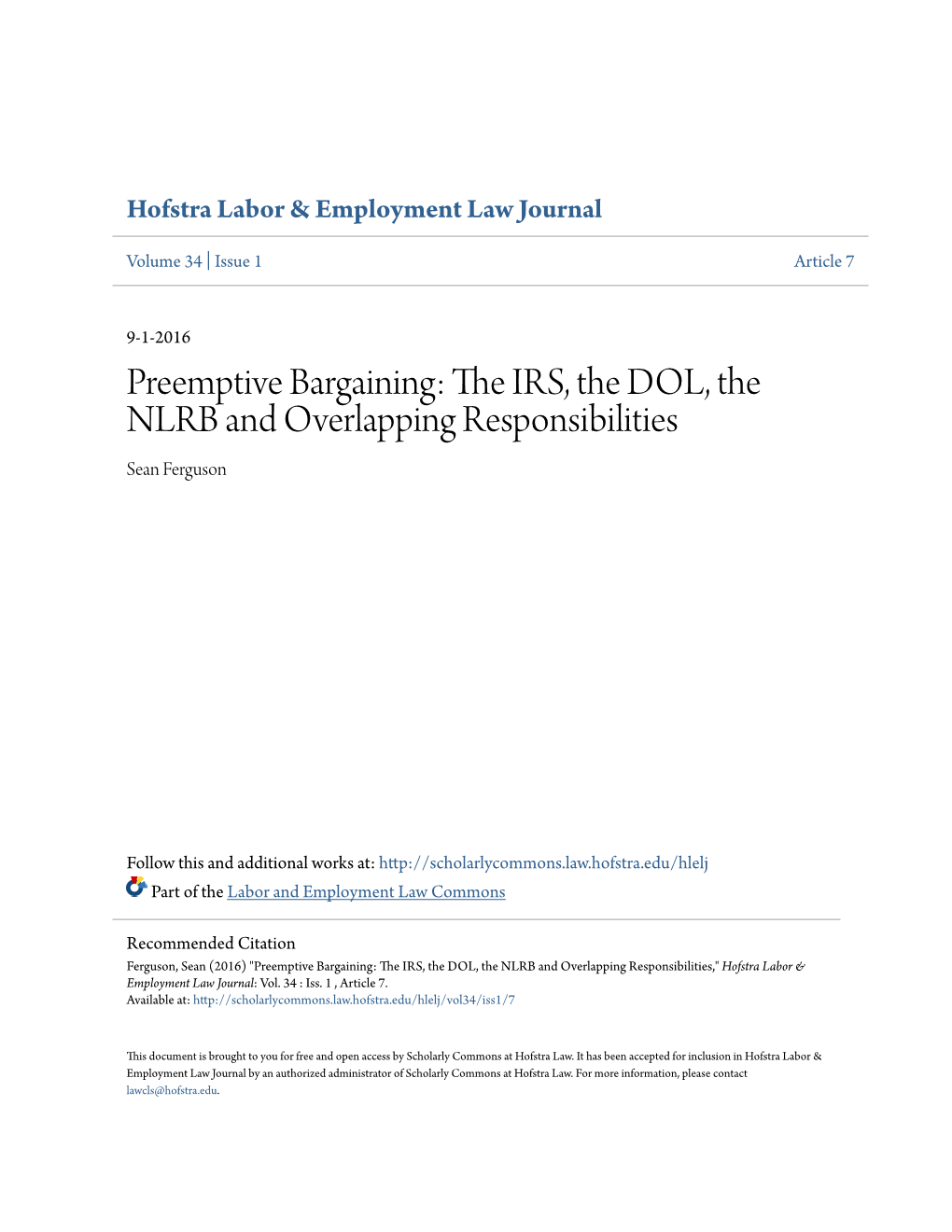 The IRS, the DOL, the NLRB and Overlapping Responsibilities Sean Ferguson