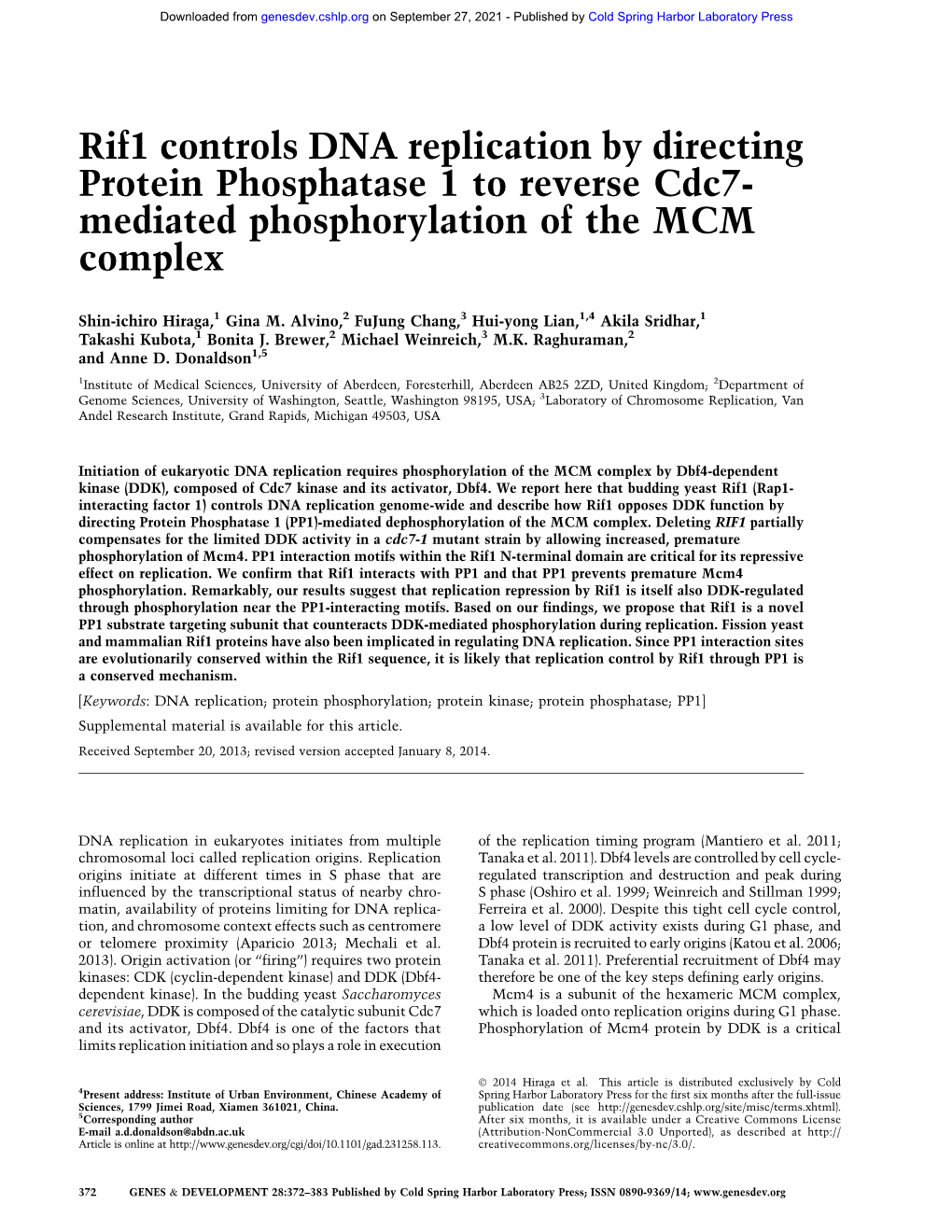 Rif1 Controls DNA Replication by Directing Protein Phosphatase 1 to Reverse Cdc7- Mediated Phosphorylation of the MCM Complex