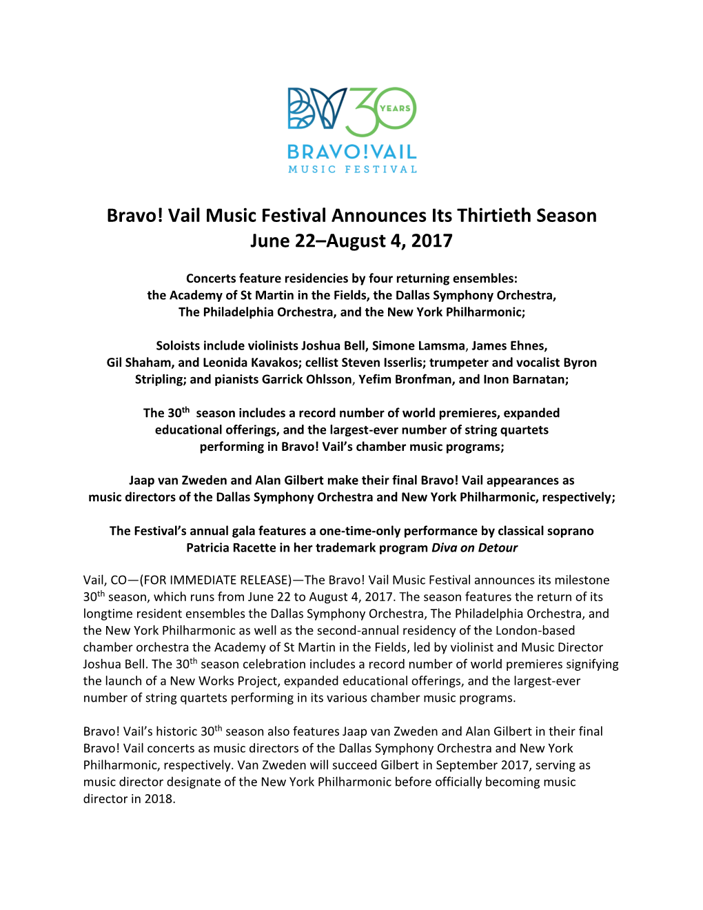 Bravo! Vail Music Festival Announces Its Thirtieth Season June 22–August 4, 2017