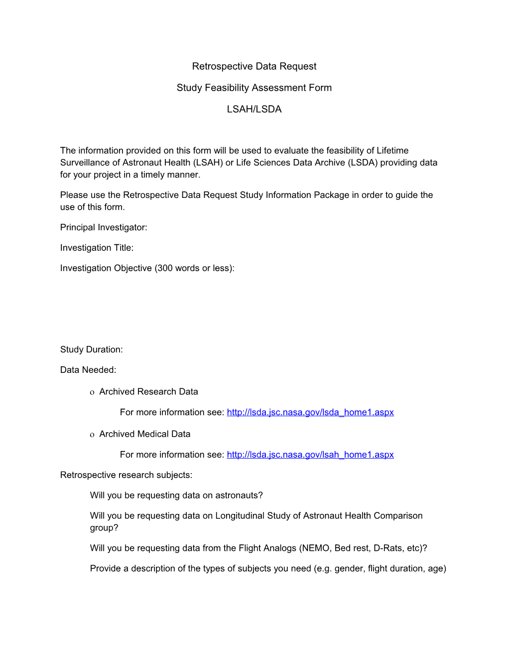 Study Feasibility Assessment Form