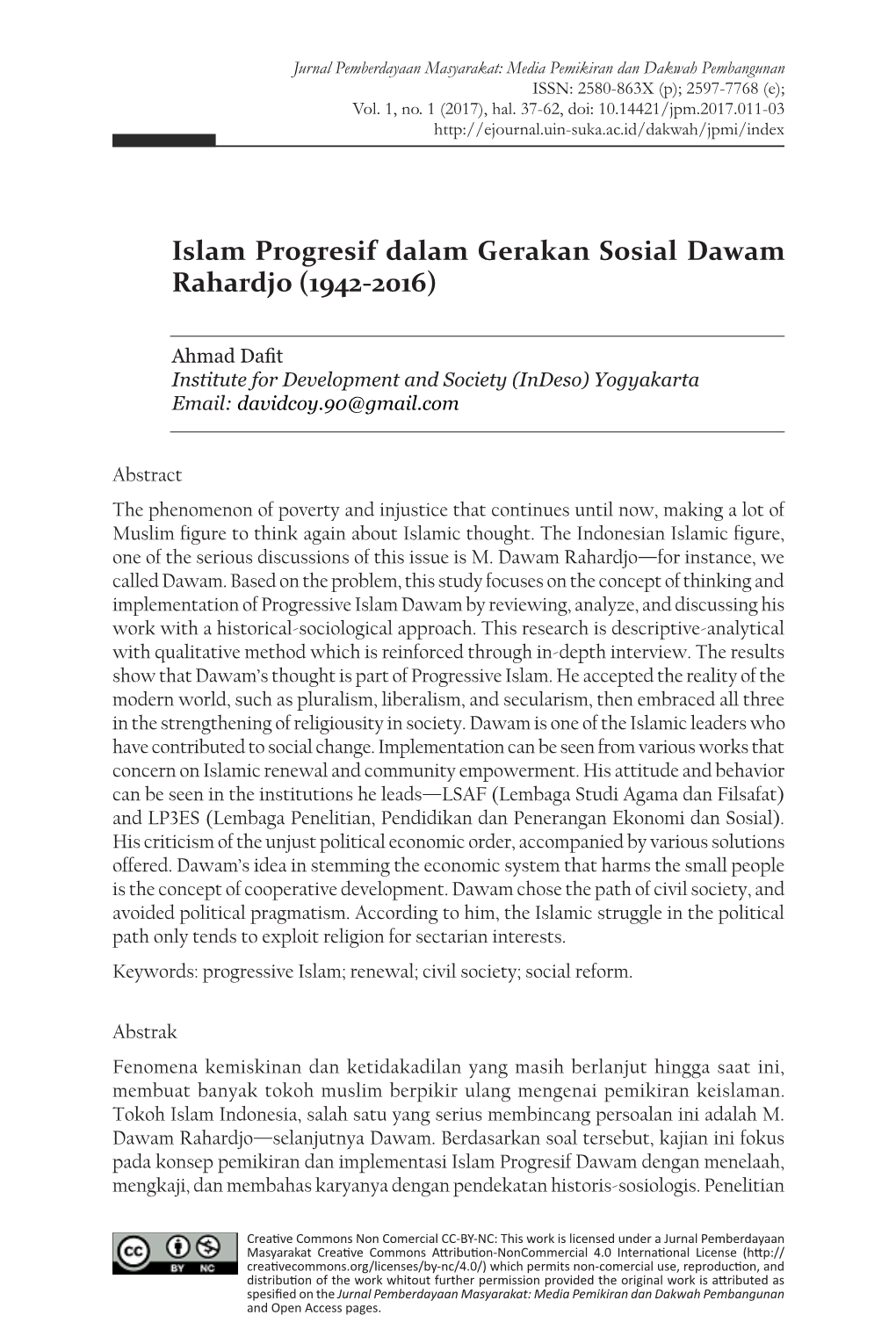 Islam Progresif Dalam Gerakan Sosial Dawam Rahardjo (1942-2016)