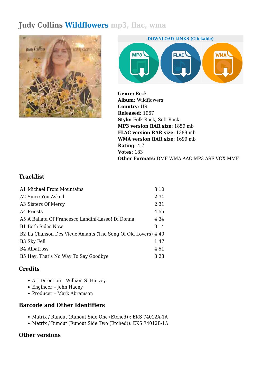 Judy Collins Wildflowers Mp3, Flac, Wma