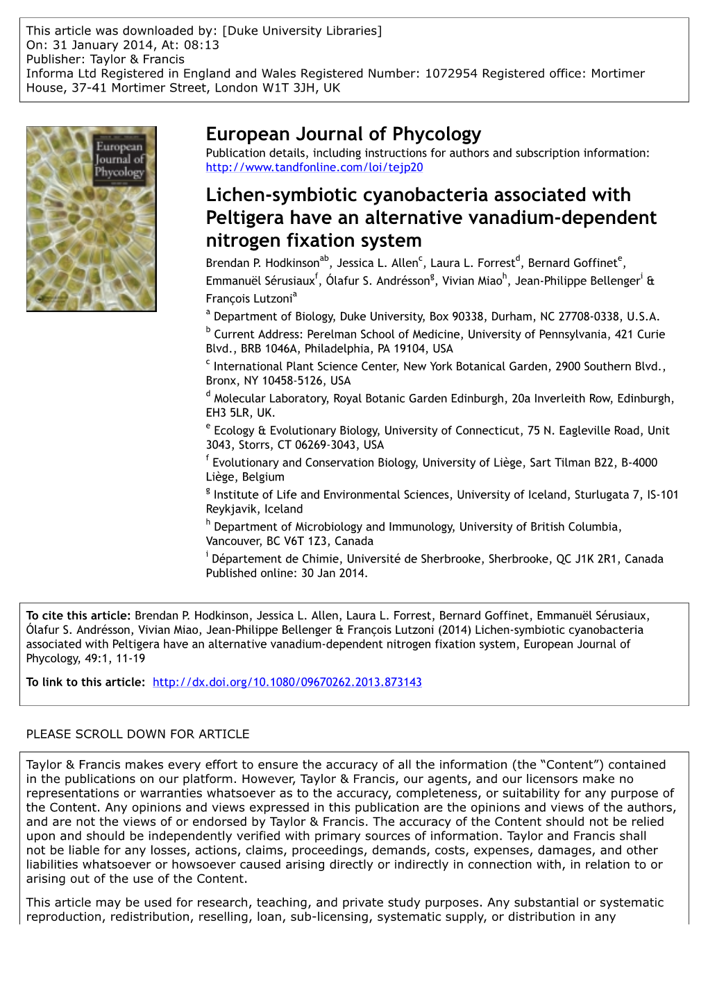 Lichen-Symbiotic Cyanobacteria Associated with Peltigera Have an Alternative Vanadium-Dependent Nitrogen Fixation System Brendan P