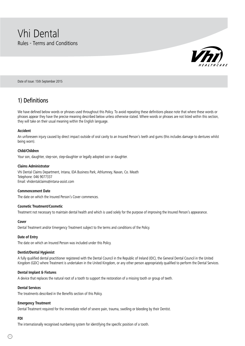 Vhi Dental Rules - Terms and Conditions