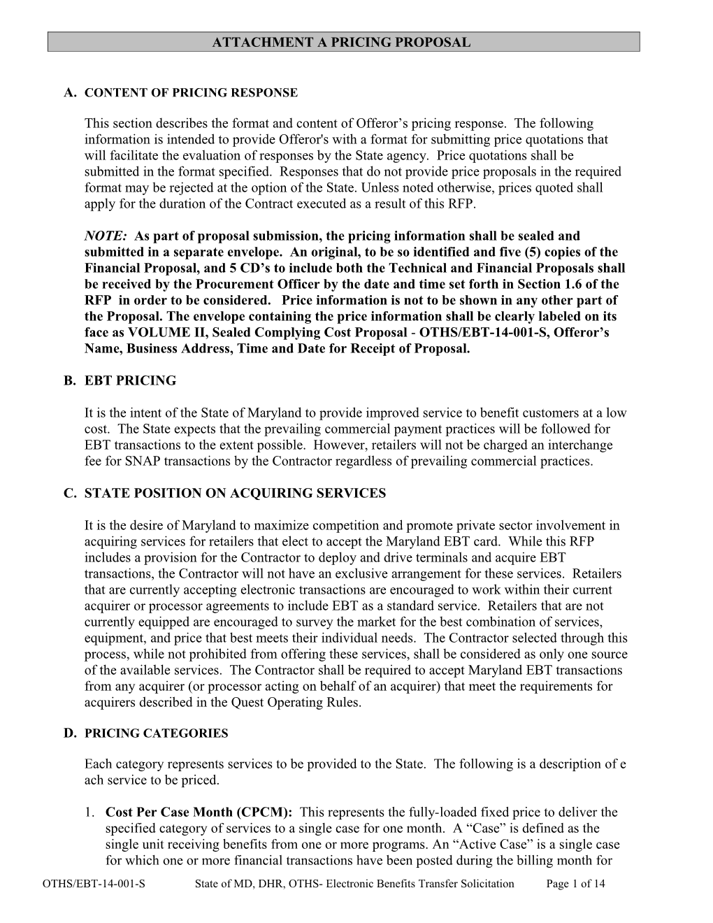 Attachment D Pricing Schedules