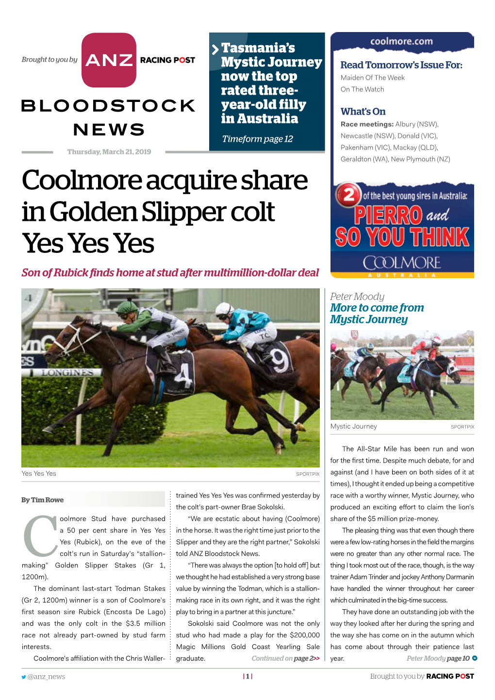 Coolmore Acquire Share in Golden Slipper Colt Yes Yes Yes Son of Rubick Finds Home at Stud After Multimillion-Dollar Deal