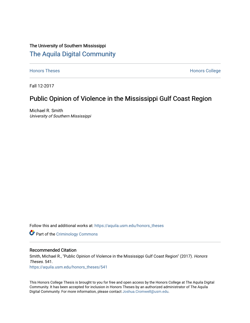 Public Opinion of Violence in the Mississippi Gulf Coast Region