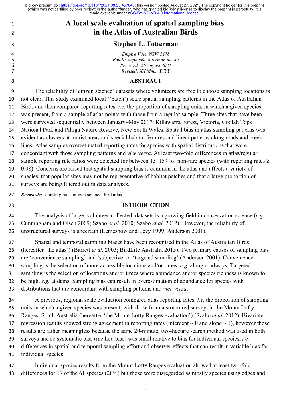 A Local Scale Evaluation of Spatial Sampling Bias in the Atlas Of