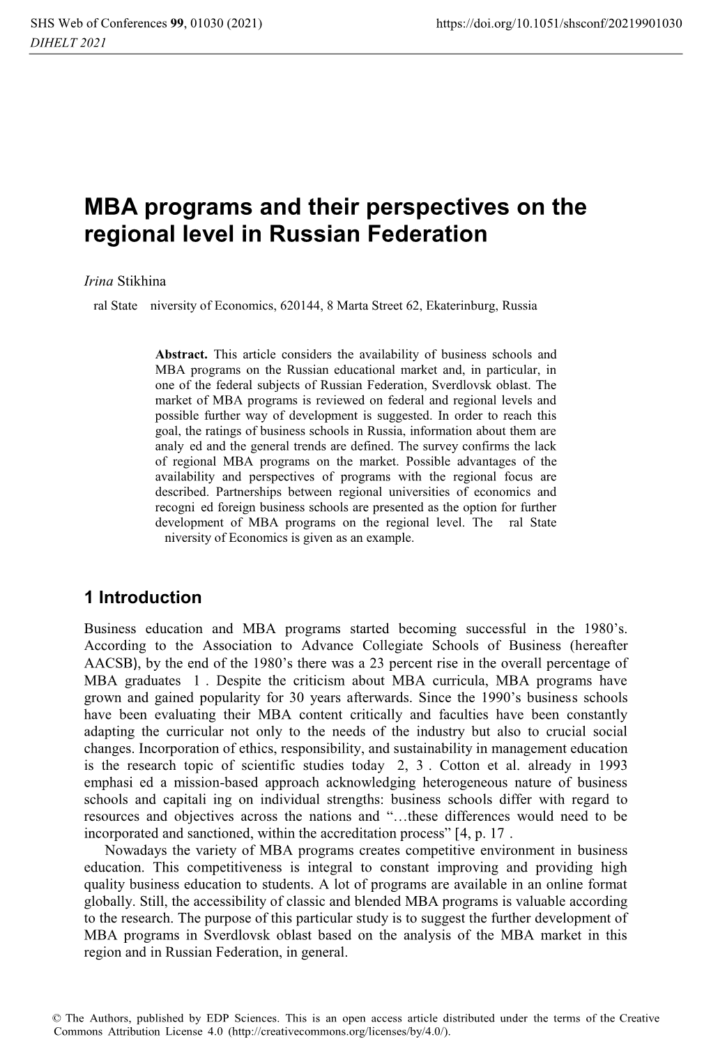 MBA Programs and Their Perspectives on the Regional Level in Russian Federation