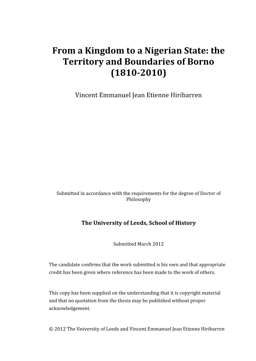 The Territory and Boundaries of Borno (1810-2010)