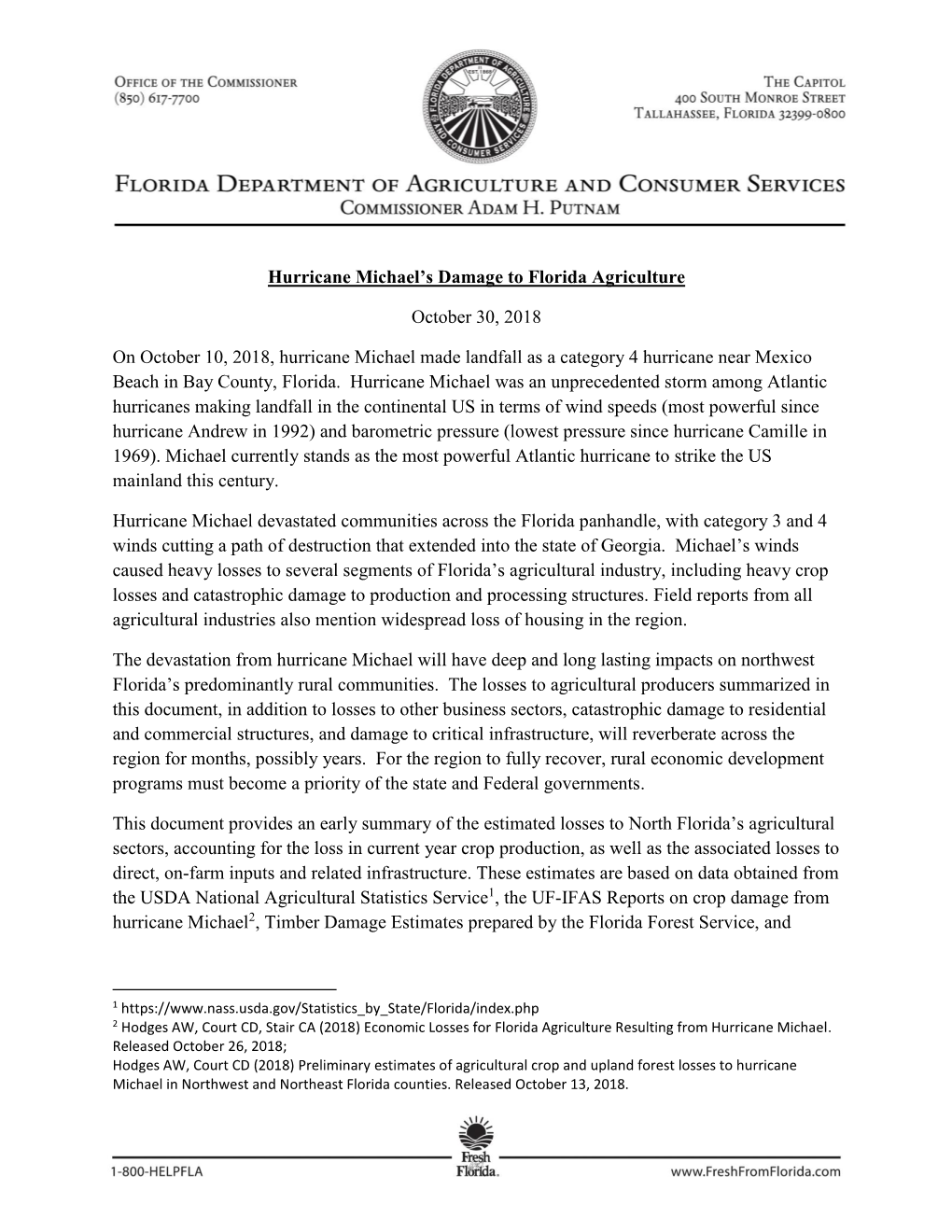 FDACS Hurricane Michael Agriculture Damage Assessment Report