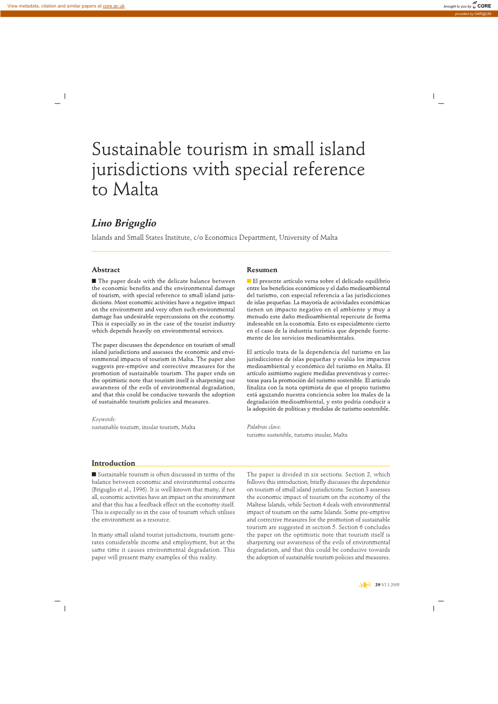Sustainable Tourism in Small Island Jurisdictions with Special Reference to Malta