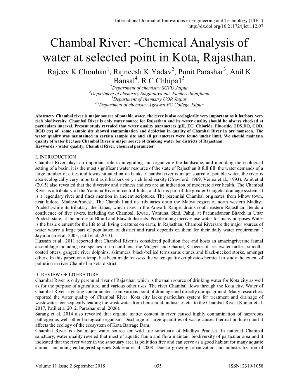 Chambal River: -Chemical Analysis of Water at Selected Point in Kota, Rajasthan