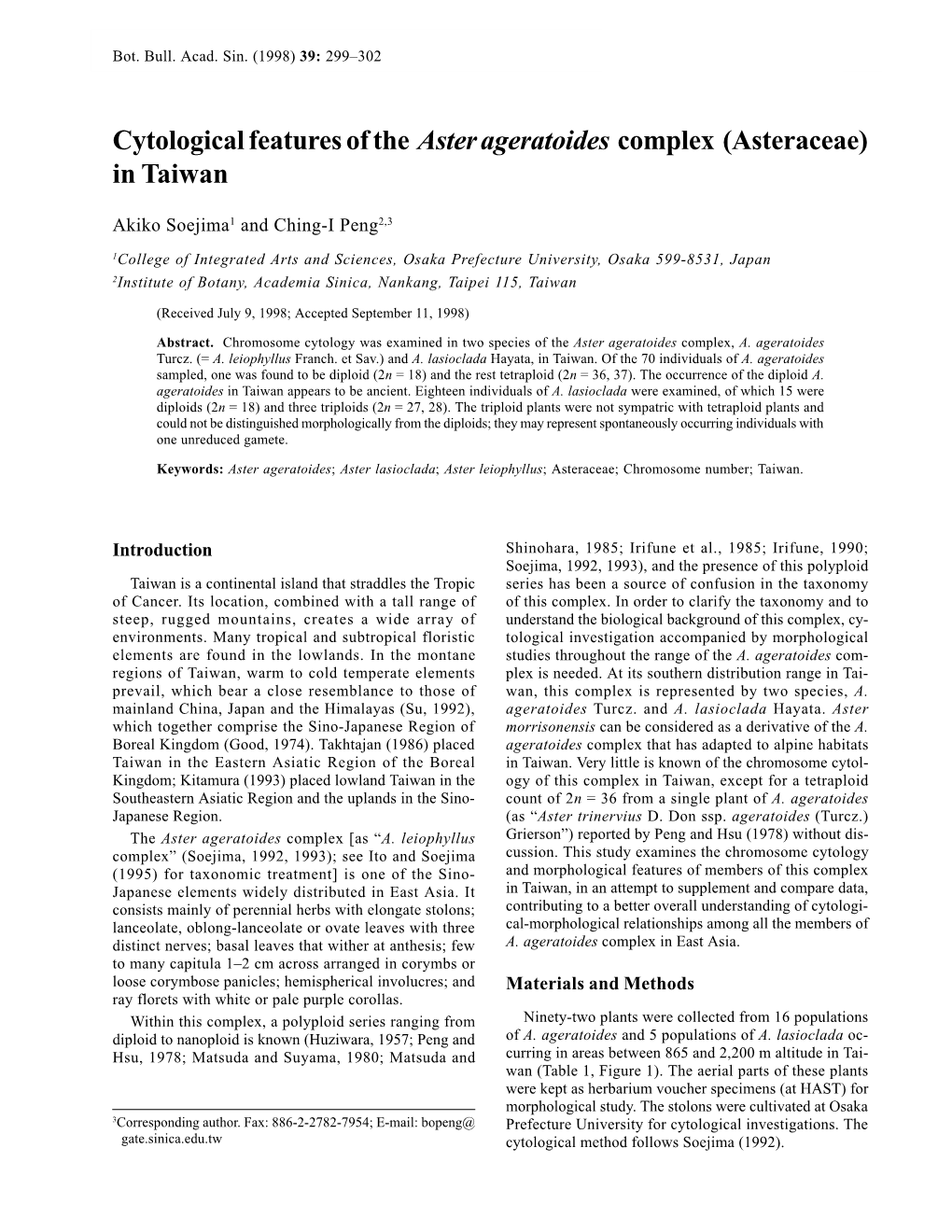 Cytological Features of the Aster Ageratoides Complex (Asteraceae) in Taiwan