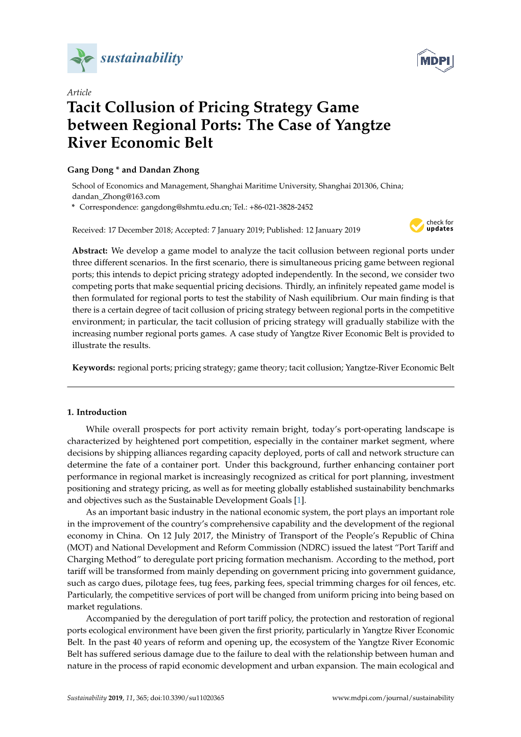 Tacit Collusion of Pricing Strategy Game Between Regional Ports: the Case of Yangtze River Economic Belt
