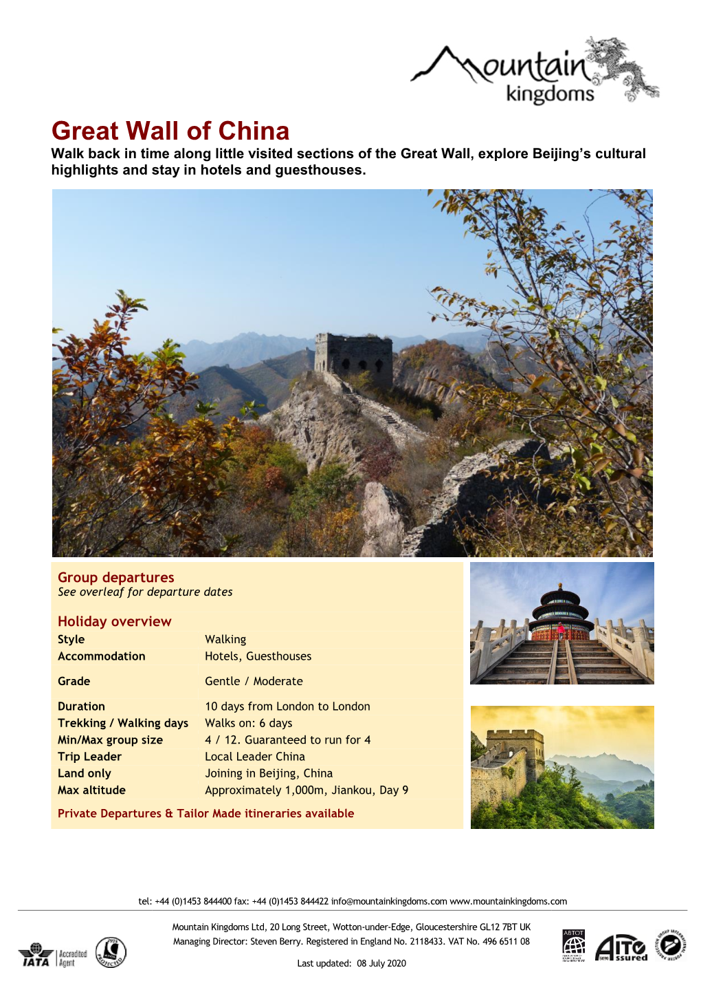 Great Wall of China Walk Back in Time Along Little Visited Sections of the Great Wall, Explore Beijing’S Cultural Highlights and Stay in Hotels and Guesthouses