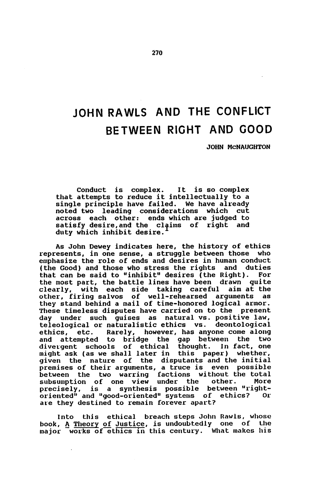 John Rawls and the Conflict Between Right and Good