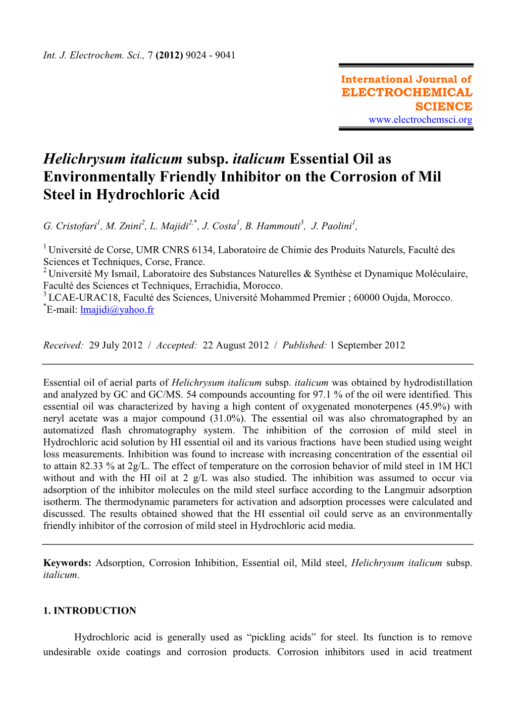 Helichrysum Italicum Subsp. Italicum Essential Oil As Environmentally Friendly Inhibitor on the Corrosion of Mil Steel in Hydrochloric Acid