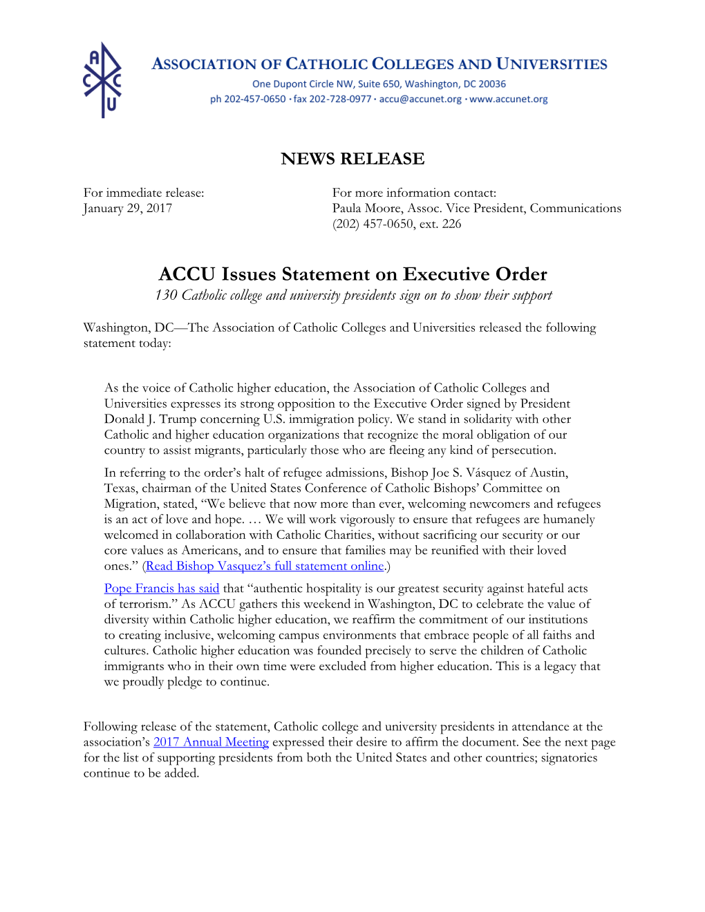 ACCU Issues Statement on Executive Order 130 Catholic College and University Presidents Sign on to Show Their Support