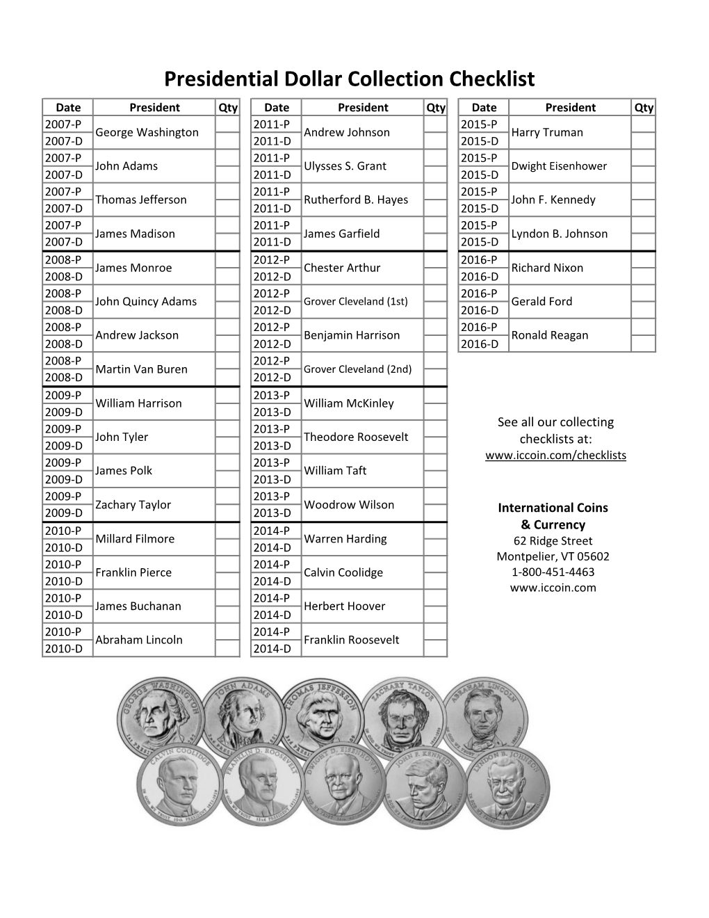 Presidential Dollar Collection Checklist