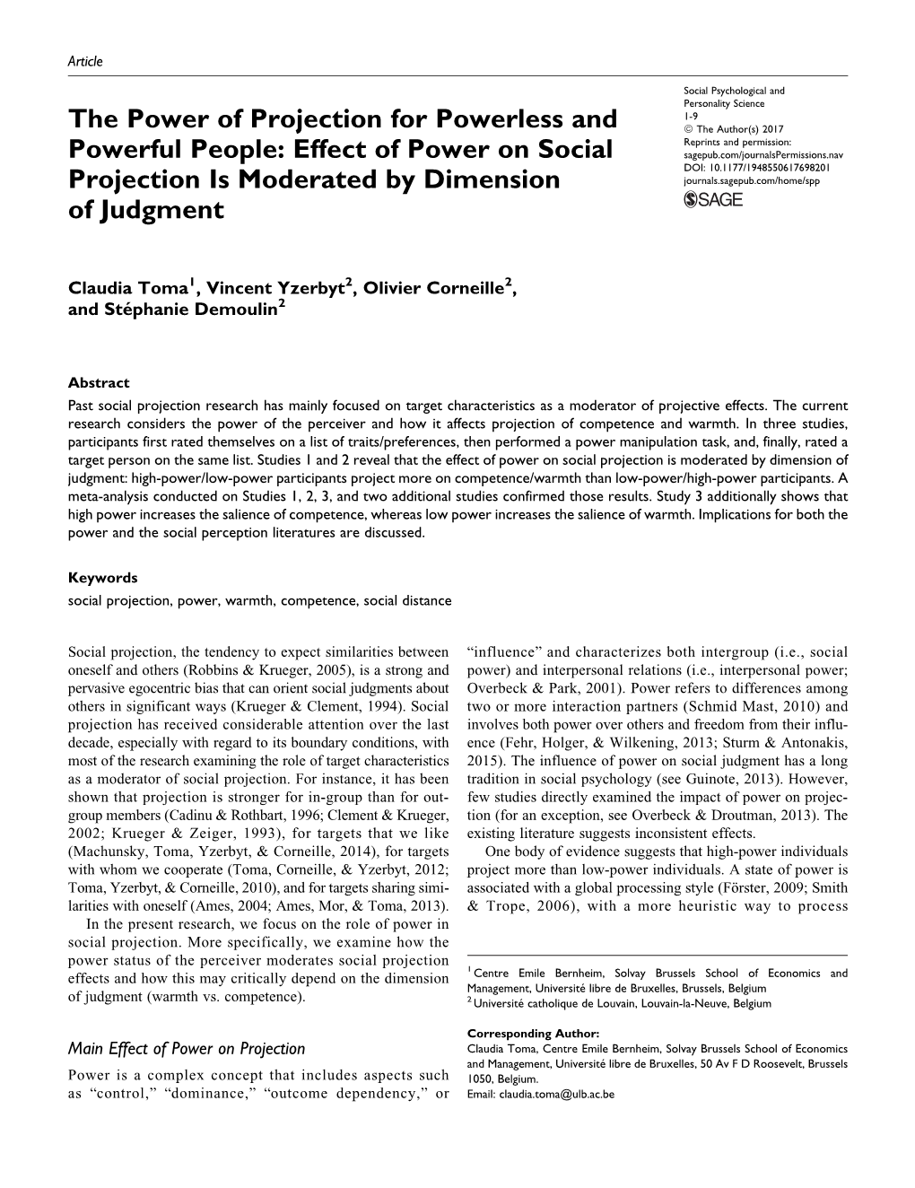 Effect of Power on Social Projection Is Moderated by Dimension Of