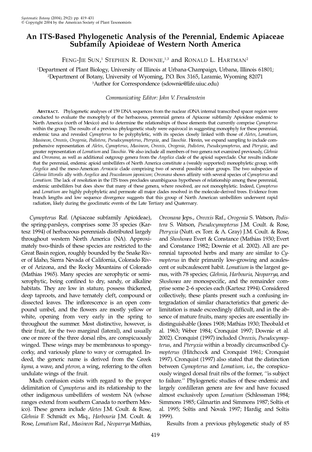 An ITS-Based Phylogenetic Analysis of the Perennial, Endemic Apiaceae