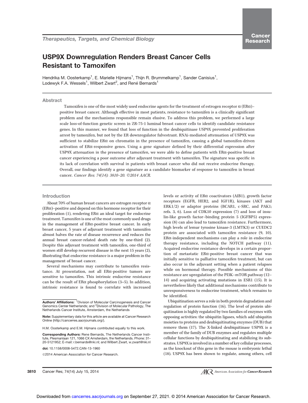 USP9X Downregulation Renders Breast Cancer Cells Resistant to Tamoxifen
