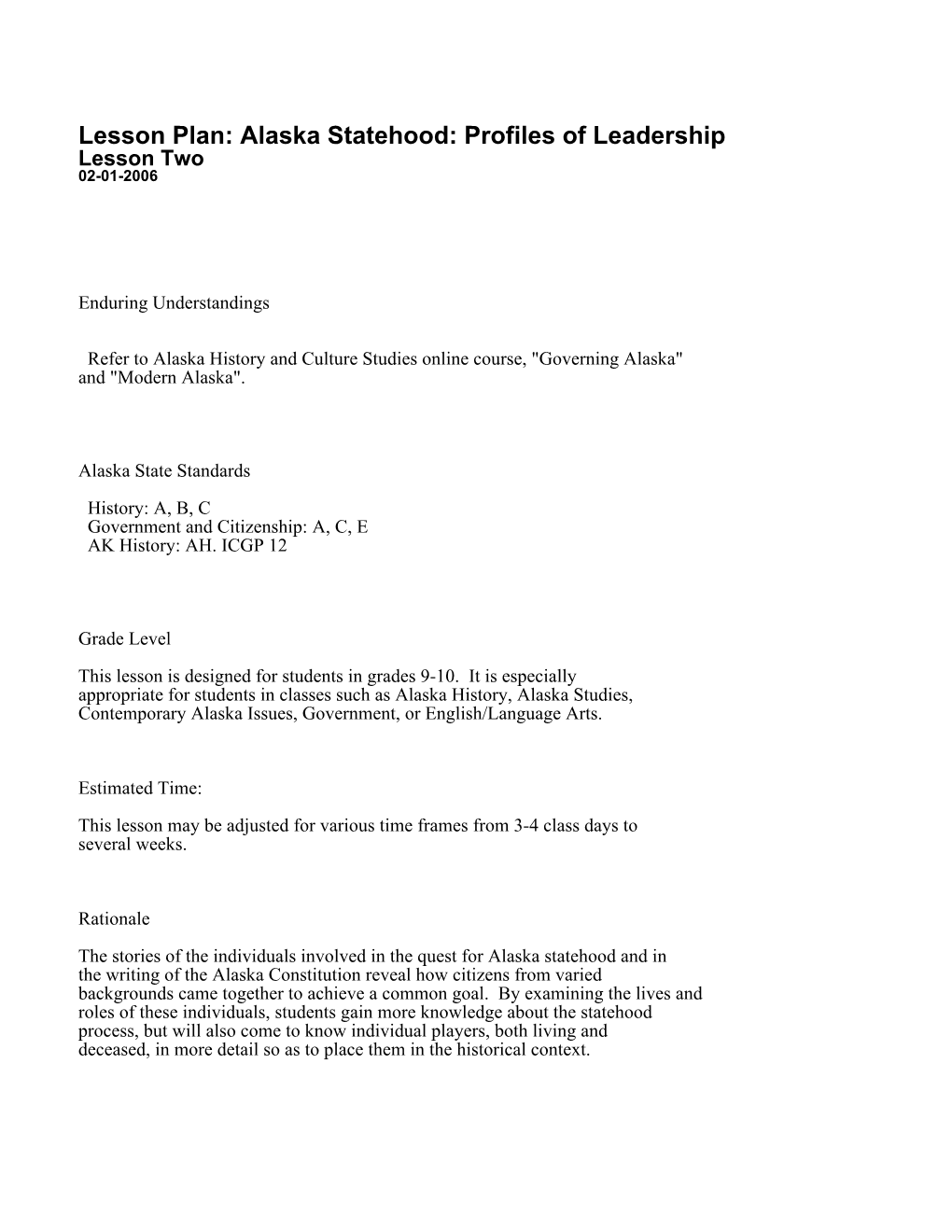 Alaska Statehood: Profiles of Leadership Lesson Two 02-01-2006