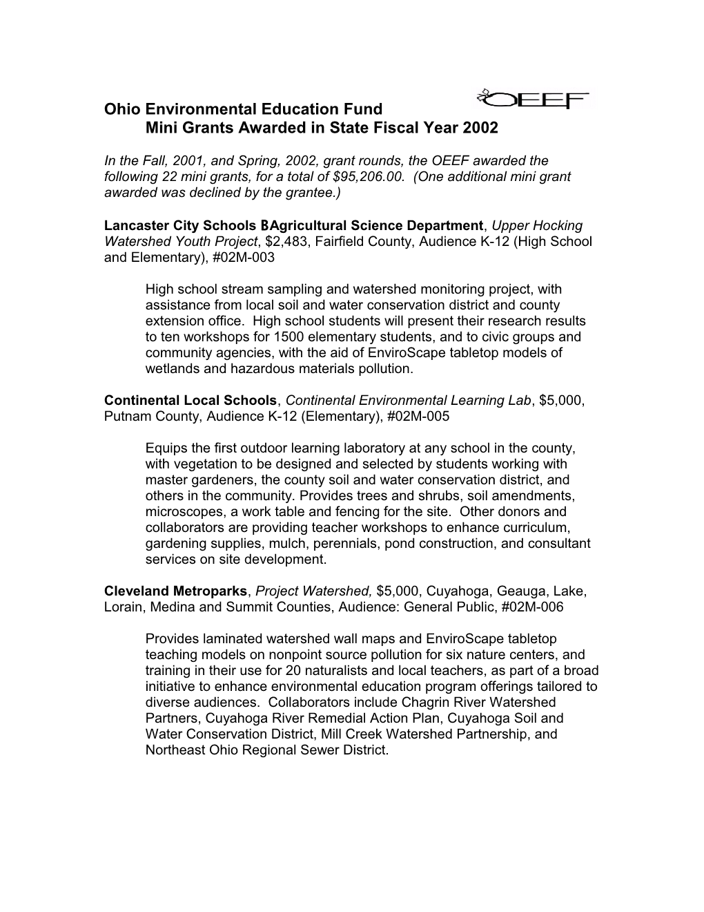 Ohio Environmental Education Fund Mini Grants Awarded in State Fiscal Year 2002