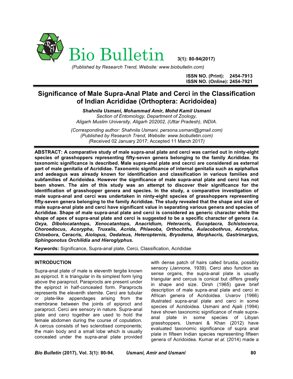 Significance of Male Supra-Anal Plate and Cerci in the Classification of Indian Acrididae