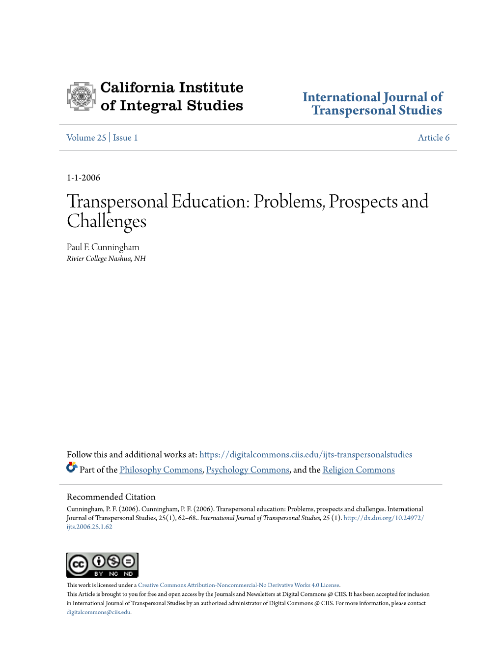 Transpersonal Education: Problems, Prospects and Challenges Paul F