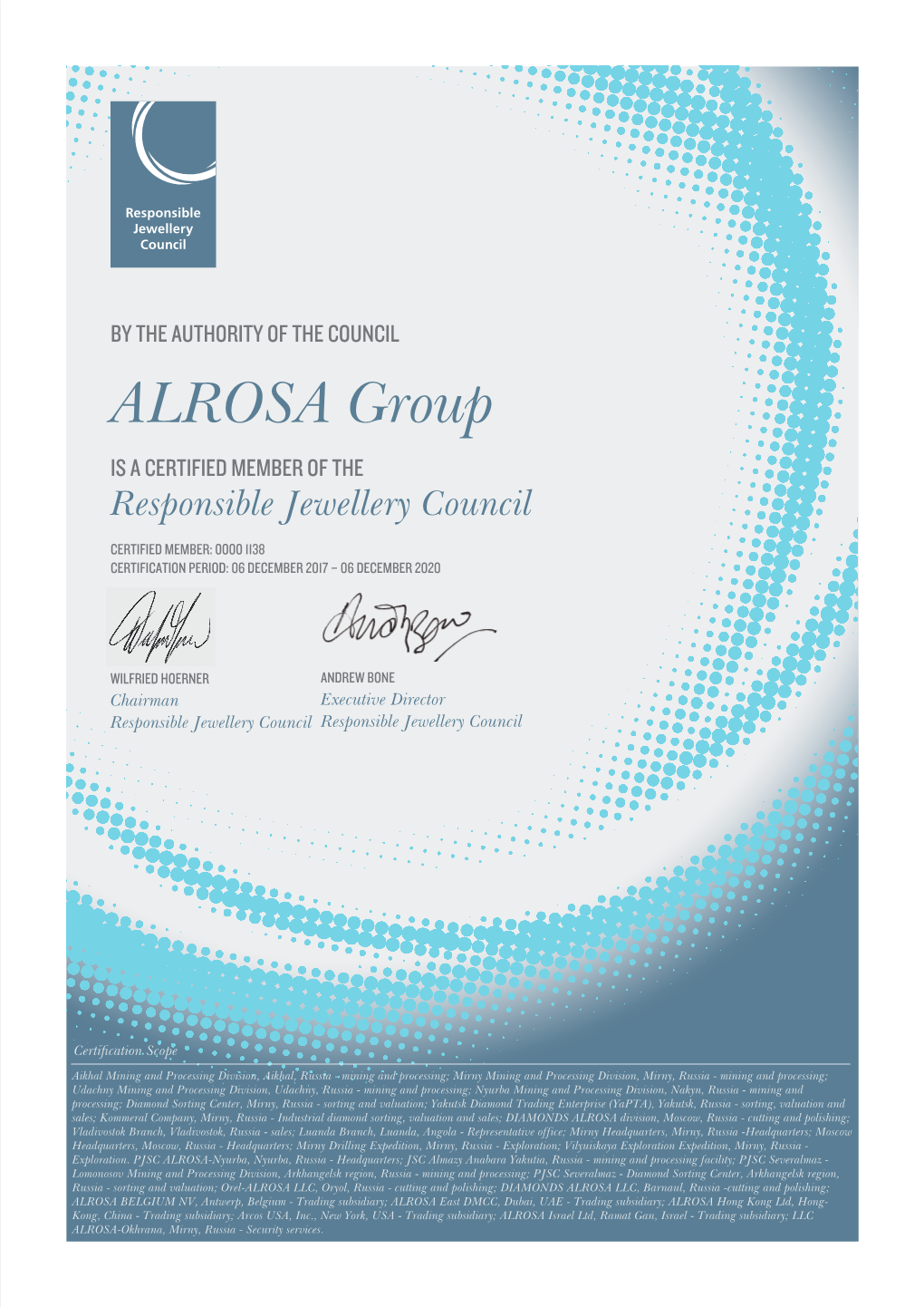 ALROSA Group IS a CERTIFIED MEMBER of the Responsible Jewellery Council