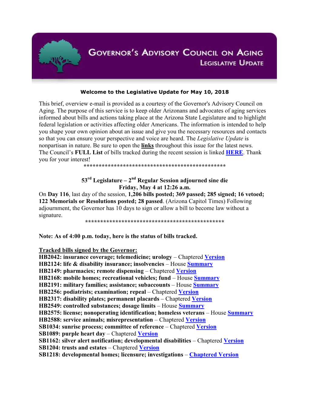 This Brief, Overview E-Mail Is Provided As a Courtesy of the Governor's Advisory Council on Aging