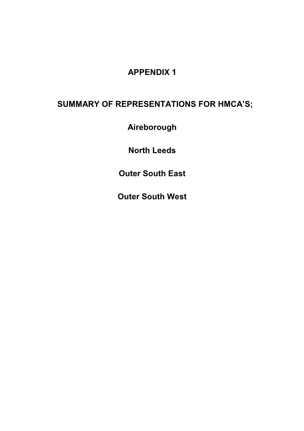 Appendix 1 Summary of Representations for Hmca's