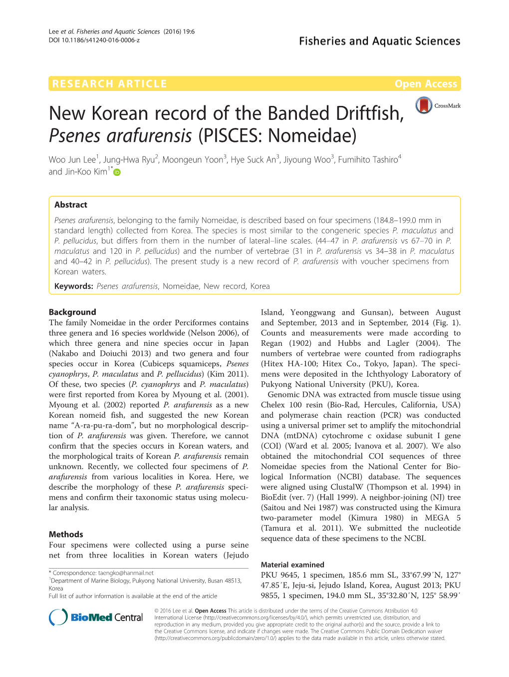 New Korean Record of the Banded Driftfish, Psenes Arafurensis