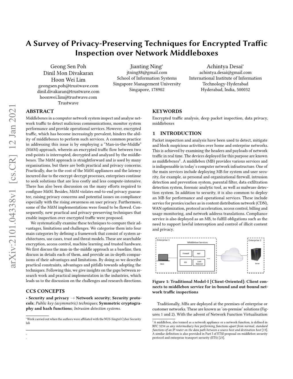 A Survey of Privacy-Preserving Techniques for Encrypted Traffic Inspection Over Network Middleboxes
