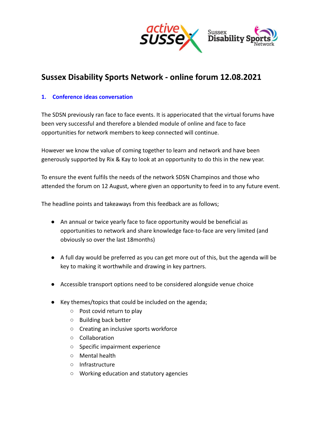 Sussex Disability Sports Network - Online Forum 12.08.2021