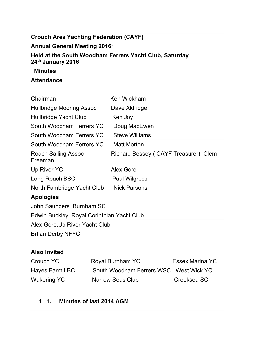 (CAYF) Annual General Meeting 2016° Held at the South Woodham Ferrers Yacht Club, Saturday 24Th January 2016 Minutes Attendance