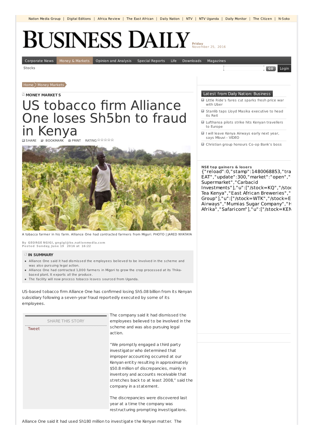 US Tobacco Firm Alliance One Loses Sh5bn to Fraud in Kenya