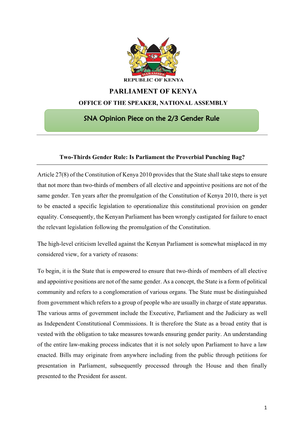 SNA Opinion Piece on the Two-Thirds Gender Rule