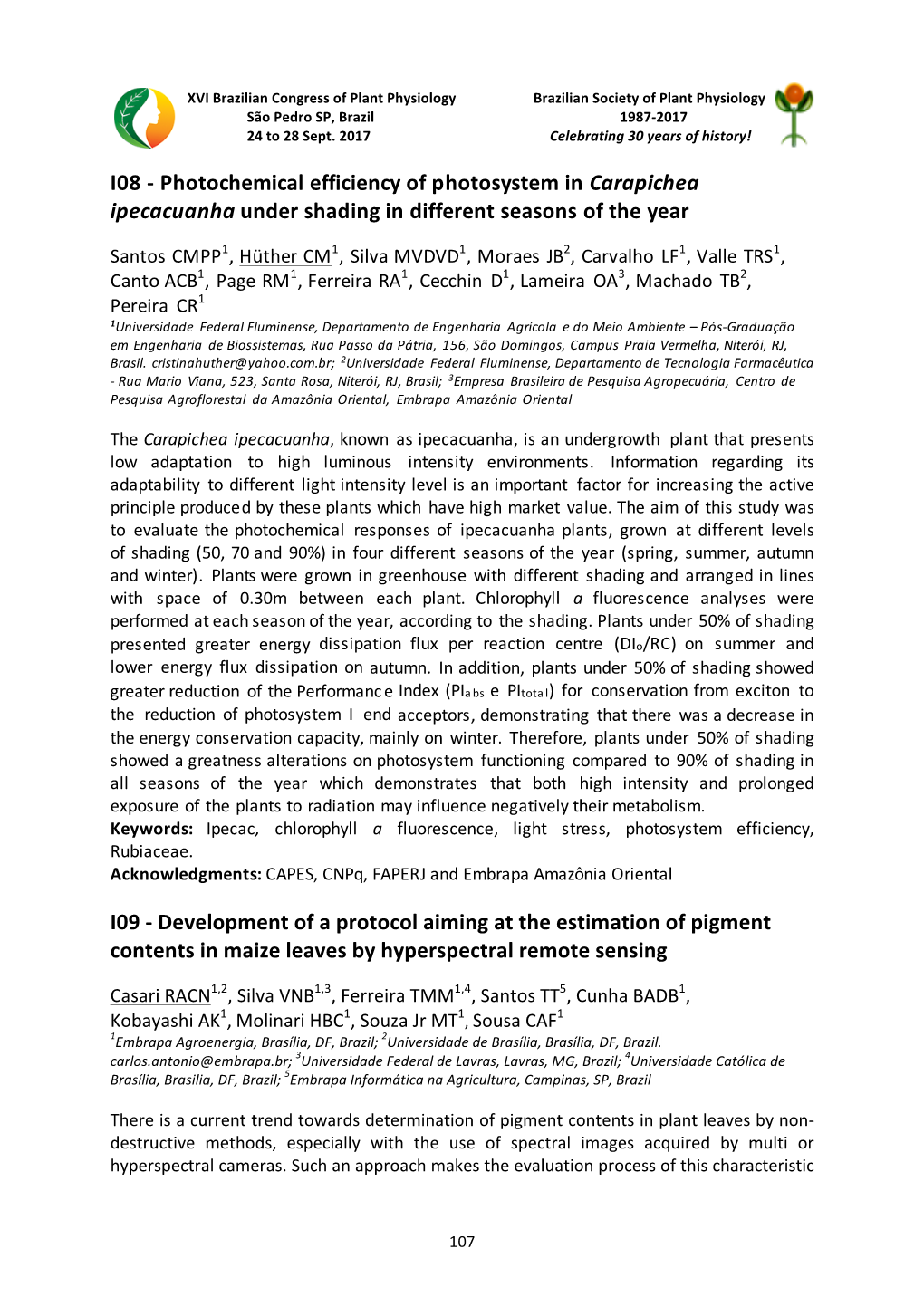 I08 - Photochemical Efficiency of Photosystem in Carapichea Ipecacuanha Under Shading in Different Seasons of the Year