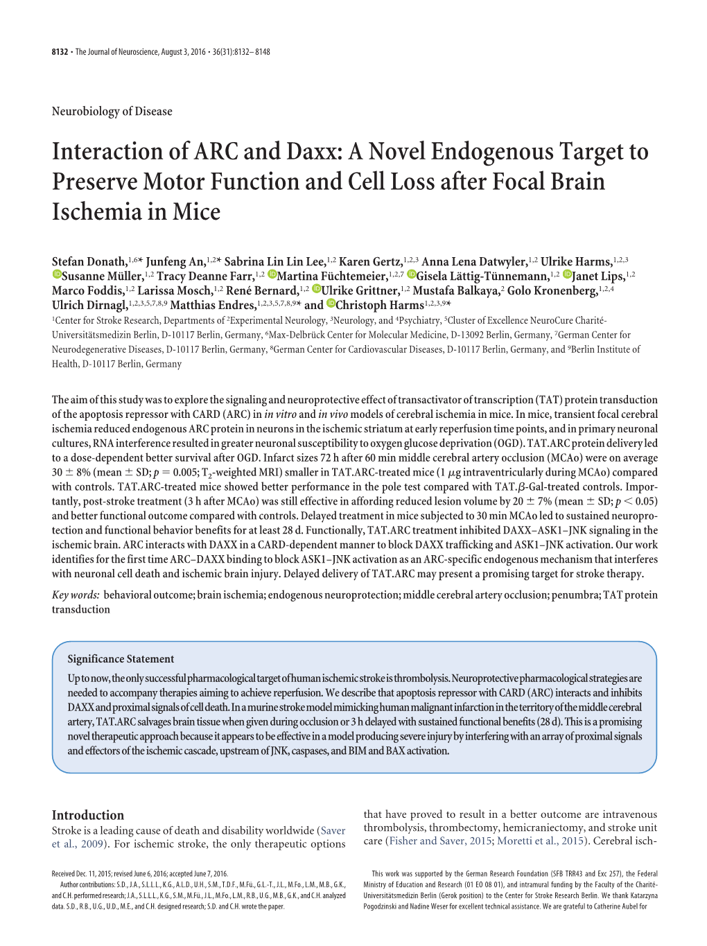 Interaction of ARC and Daxx: a Novel Endogenous Target to Preserve Motor Function and Cell Loss After Focal Brain Ischemia in Mice