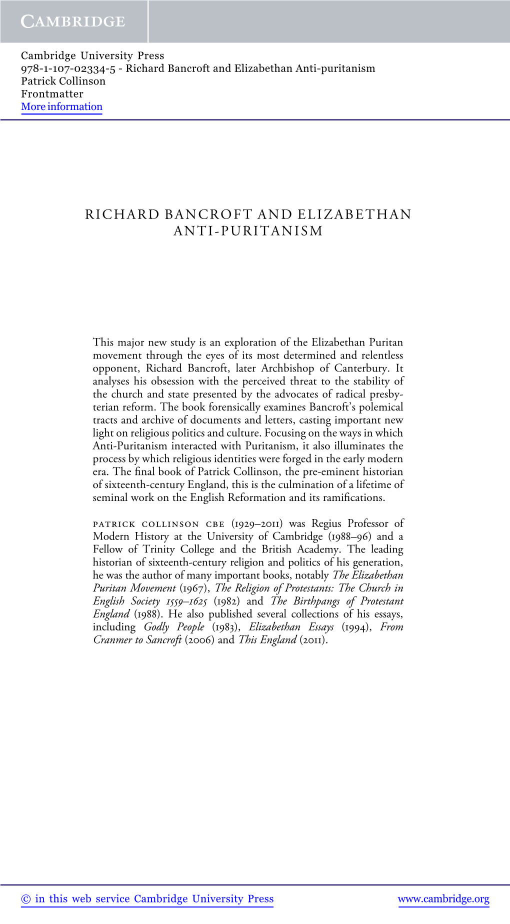 Richard Bancroft and Elizabethan Anti-Puritanism Patrick Collinson Frontmatter More Information