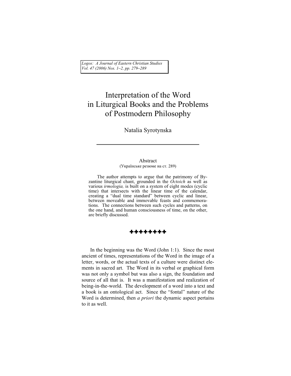 Interpretation of the Word in Liturgical Books and the Problems of Postmodern Philosophy