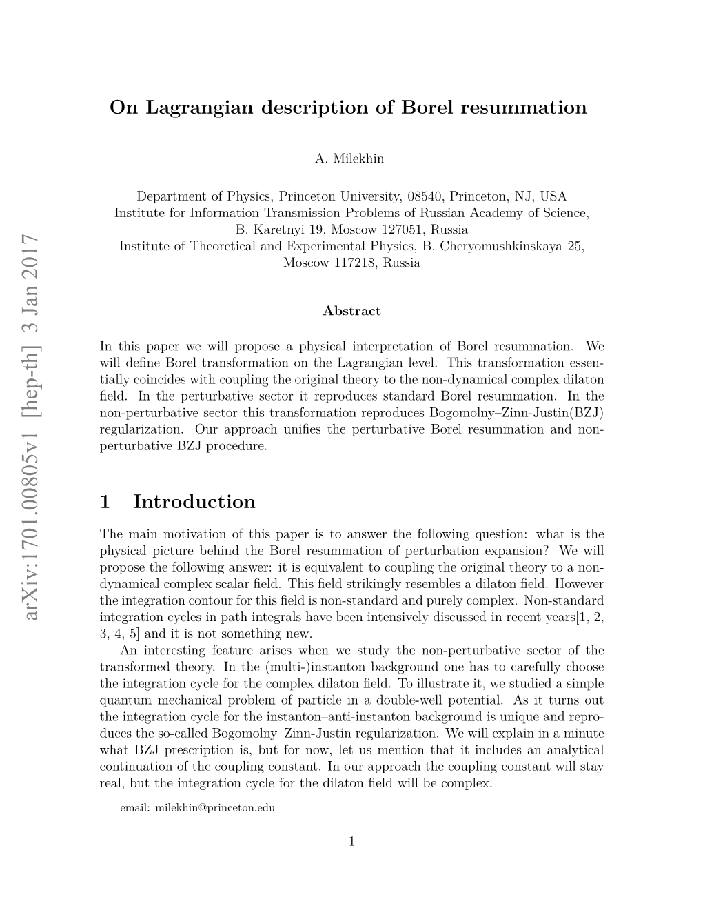 On Lagrangian Description of Borel Resummation