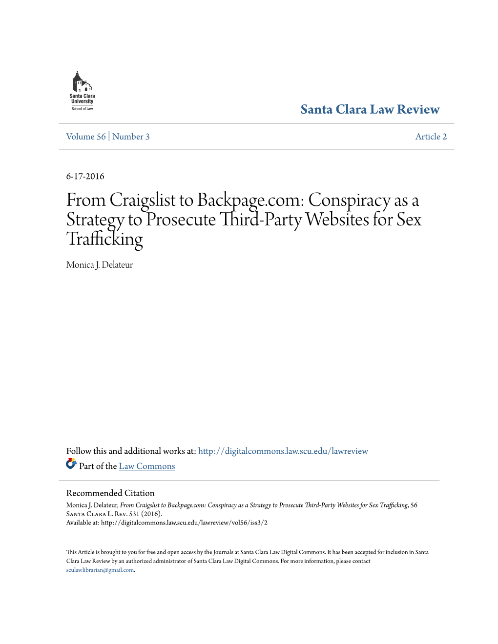 From Craigslist to Backpage.Com: Conspiracy As a Strategy to Prosecute Third-Party Websites for Sex Trafficking Monica J