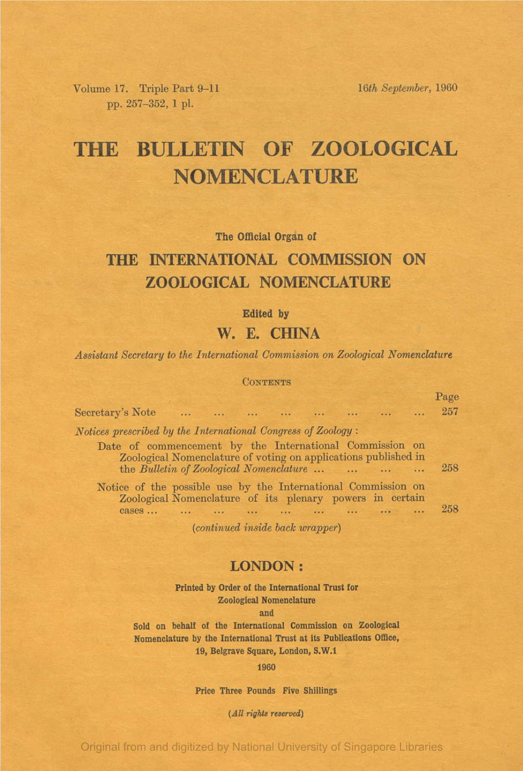 The Bulletin of Zoological Nomenclature, V17 Part09-11